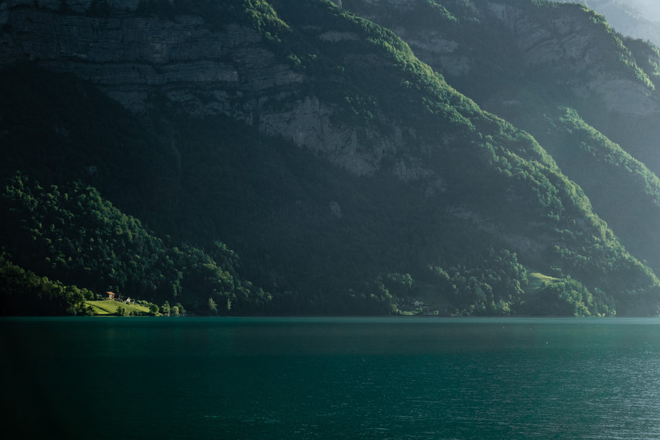 Sunrise on a farmer's cabin at the Walensee